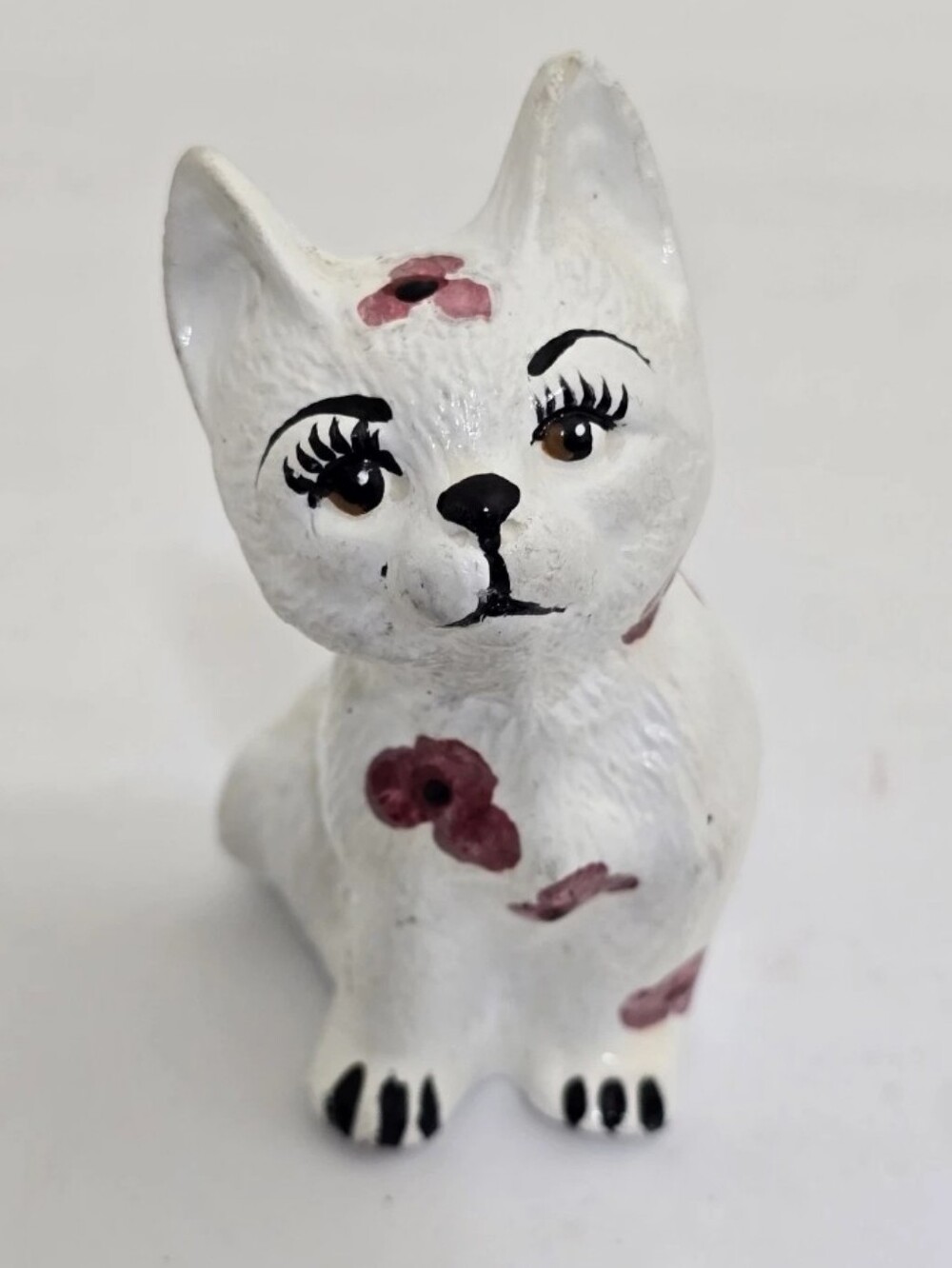 vintage Hand Painted Ceramic Floral Cat Figurine White 3.5" Tall